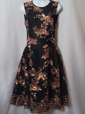 Maje Holiday Fit & Flare Dress with Gold Sequin Floral Pleated Waist. Size 2